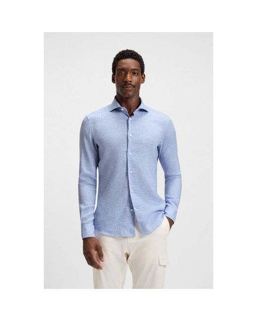 Boss Blue L-Hays Slim Fit Linen Shirt for men