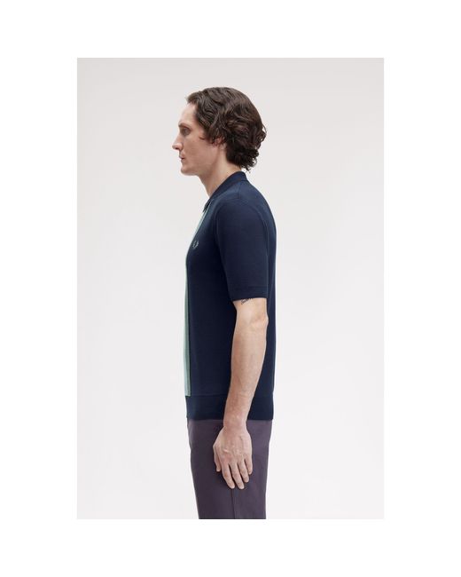 Fred Perry Blue Vertical Stripe Zipped Short-Sleeve Polo Shirt for men