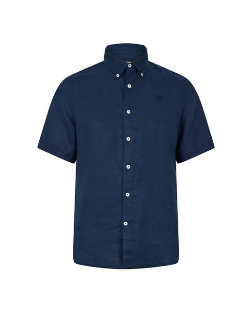 Timberland Blue Linen Short Sleeve Oxford Shirt for men
