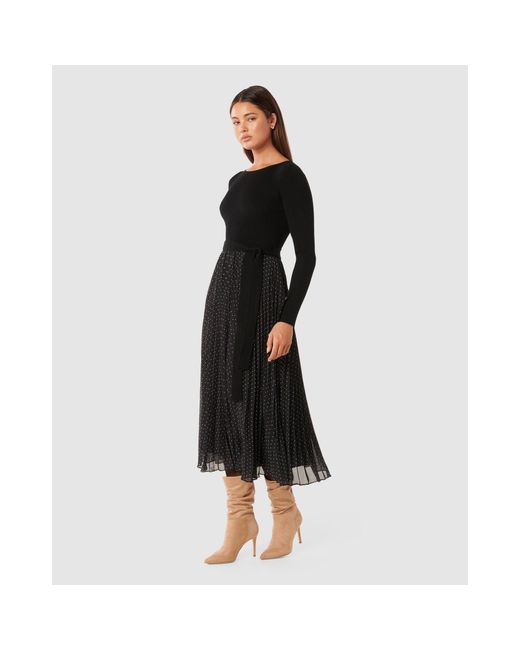 Forever New Black Finley Polka Dot Pleat Hem Knit Dress