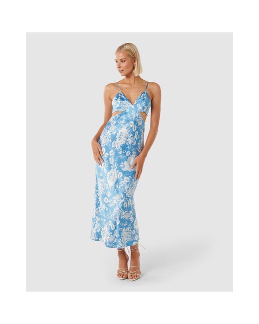 Forever New Blue Angelique Satin Cut Out Dress