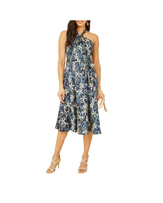 Yumi' Blue Tropical Print Satin Swing Dress