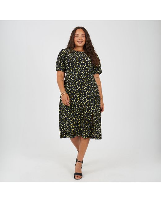 Brave Soul Black Plus Size Puffy Sleeve Floral Midi Dress With Puff Sleeves