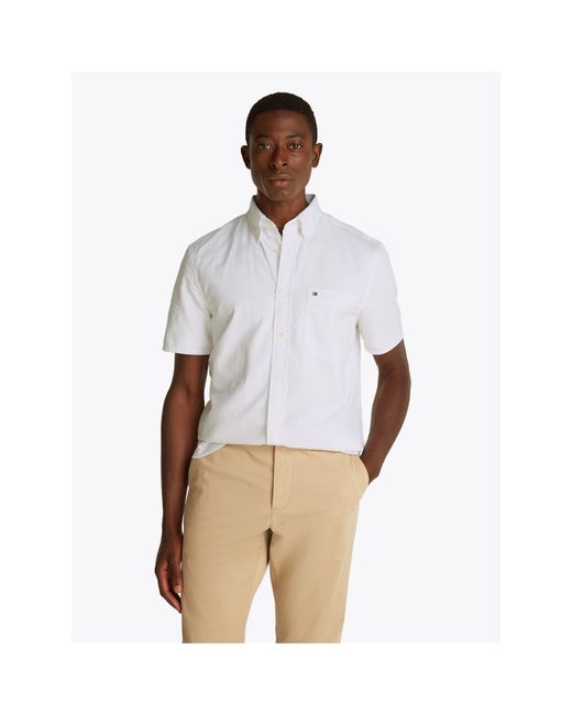 Tommy Hilfiger White Seersucker Short-Sleeve Plain Shirt for men