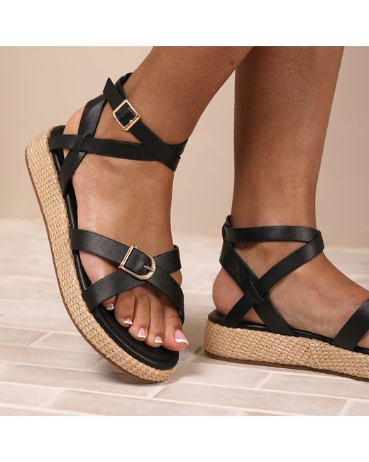 Where's That From Black Pu Alora Wide-Fit Cross-Over Buckle Strap Sa