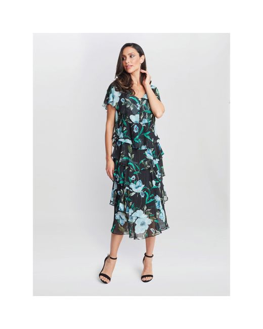 Gina Bacconi Blue Frances Printed Midi Tiered Dress