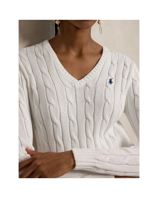 Ralph Lauren White Cable-knit Cotton V-neck Jumper