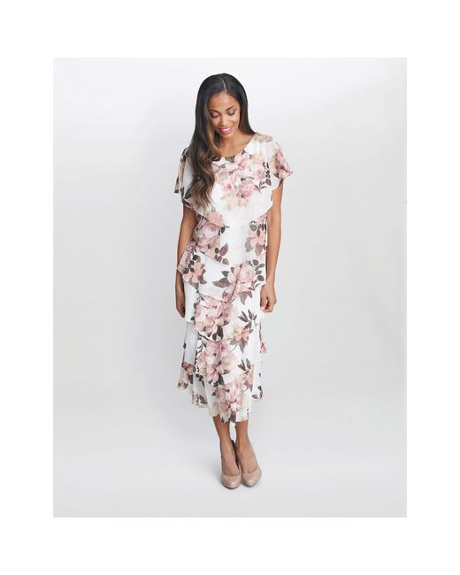 Gina Bacconi White Alice Midi Printed Tiered Dress