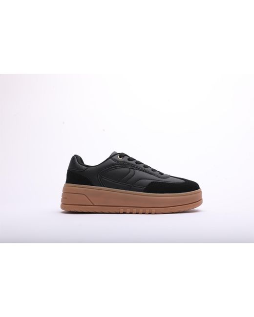 Where's That From Black Low Wedge Lace Up Trainer With Leopard Print Heel Detail