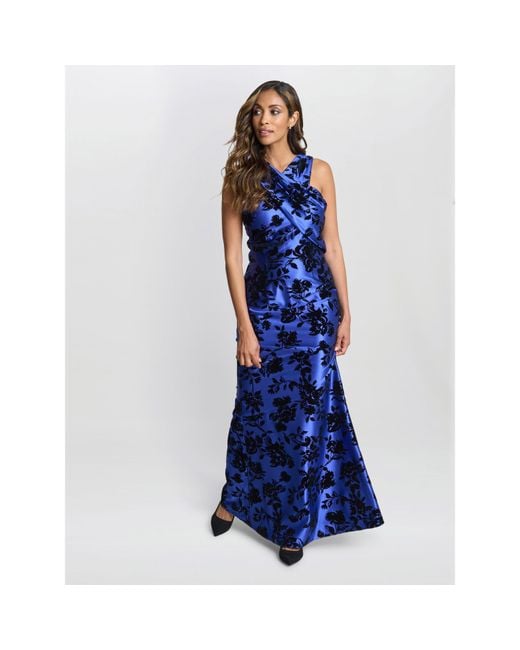 Gina Bacconi Blue Sleeveless Floral Maxi Dress