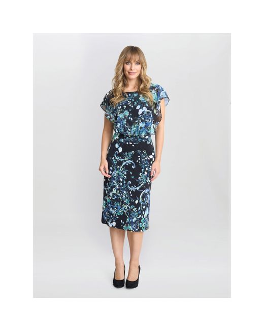 Gina Bacconi Blue Lisa-Marie Printed Chiffon Blouson Dress