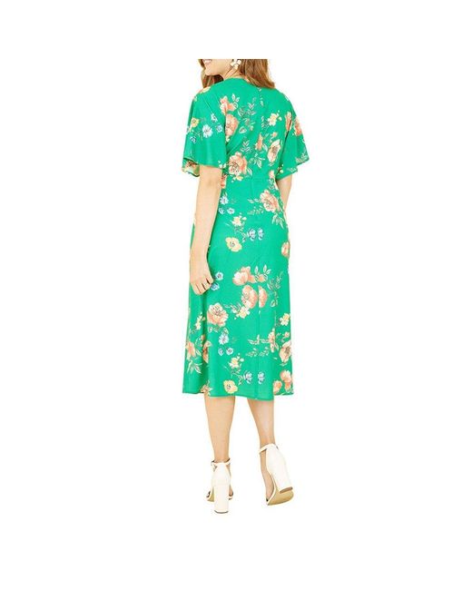 Yumi' Green Floral Kimono Midi Wrap Dress