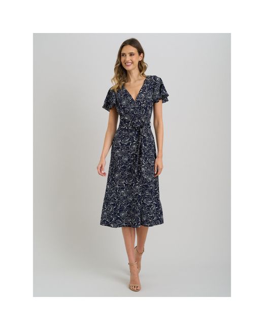 Gina Bacconi Blue Persia Faux Wrap Flutter Sleeve Dress
