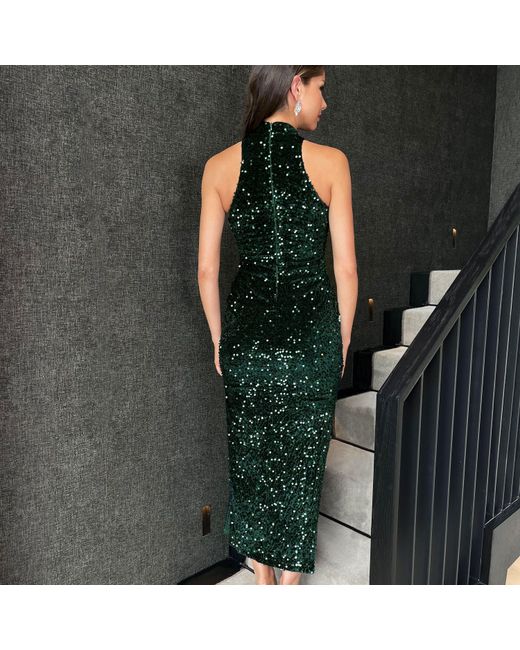 AX Paris Green Velvet And Sequin Racer Neck Midi Dress
