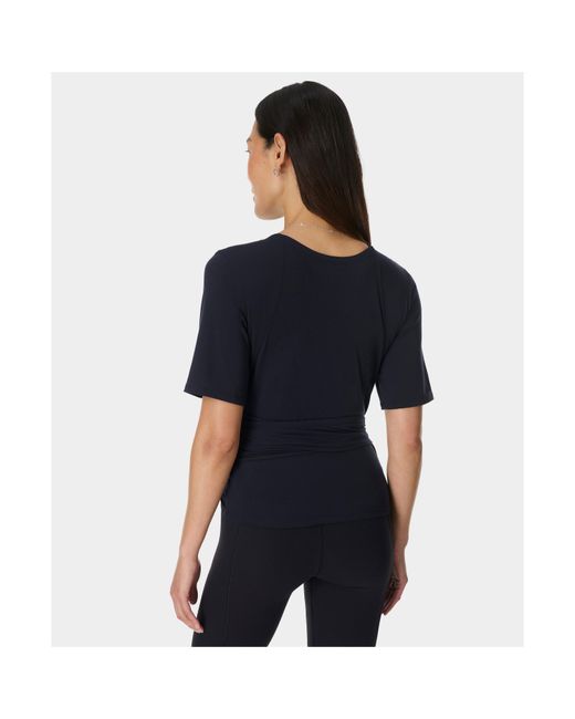 Sweaty Betty Blue Soft Flow Wrap Short Sleeve Performance Gym Top