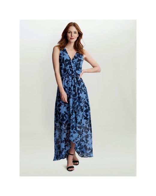 Gina Bacconi Blue Alaura Long Printed Sleeveless Dress