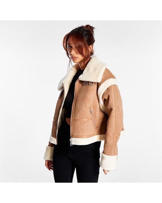 Missguided Natural 2 In 1 Detachable Sleeve Aviator Jacket