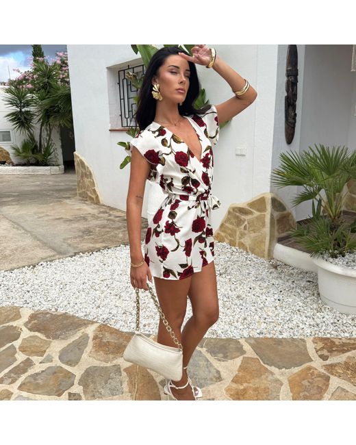 AX Paris Natural Rose Printed Flutter Sleeve Tie Waist Playsuit