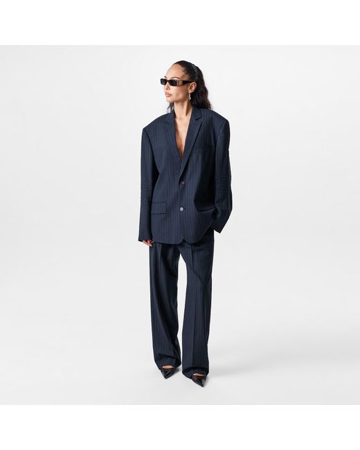 Balenciaga Blue Pinstripe High Rise Relaxed Fit Wide Leg Trousers