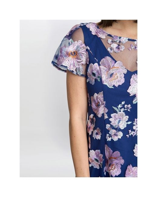 Gina Bacconi Blue Mylene Embroidered Floral A-Line Dress