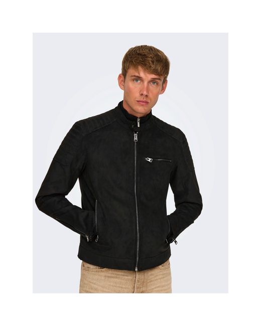 ONLY Black Bomber Faux Leather Jacket for men