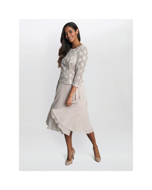 Gina Bacconi White Rona Midi-Length Dress With Lace Bodice
