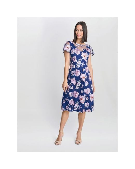 Gina Bacconi Blue Mylene Embroidered Floral A-Line Dress