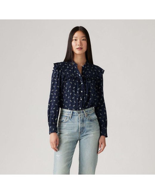 Levi's Blue Levi's Gianna Mock Neck Ruffle Sleeve Peasant Blouse