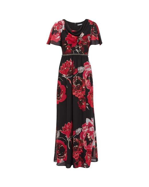 Gina Bacconi Red Mallie Cowl Neck Floral Maxi Dress