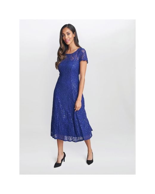 Gina Bacconi Blue Demi Cap Sleeve Midi Sequin Lace Dress