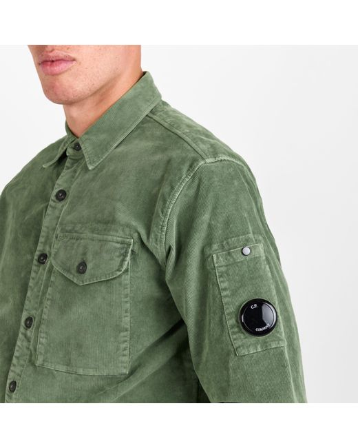 C P Company Green Lens Cord Long Sleeve Plain Shirt for men