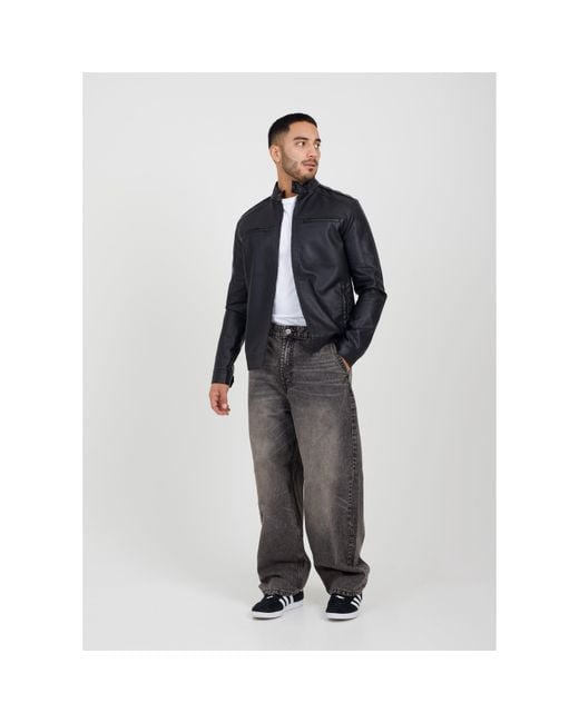 Brave Soul Black Faux Leather Jacket With Chest Pockets for men