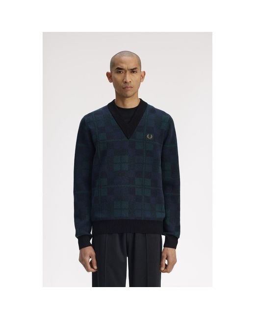 Fred Perry Blue Blackwatch Crew Neck Jumper for men