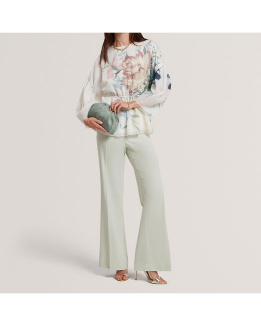 Ted Baker Gray Soft Blooms Puff Sleeve Peplum Top