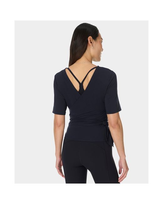 Sweaty Betty Blue Soft Flow Wrap Short Sleeve Performance Gym Top