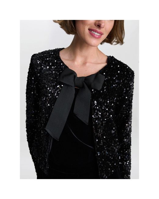 Gina Bacconi Black Roxy Sequin Round Neckline Tie Bow Jacket