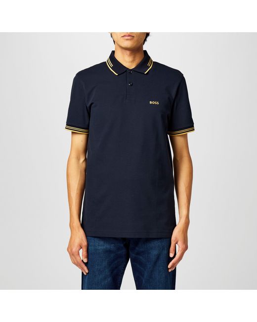 Boss Blue Paul Contrast Striped Trim Short Sleeve Polo Shirt for men