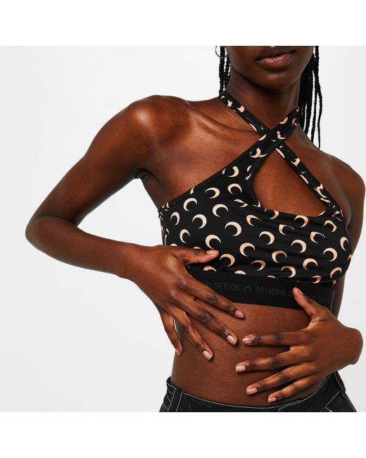 MARINE SERRE Black Recycled Cresent Moon Print Sports Bra