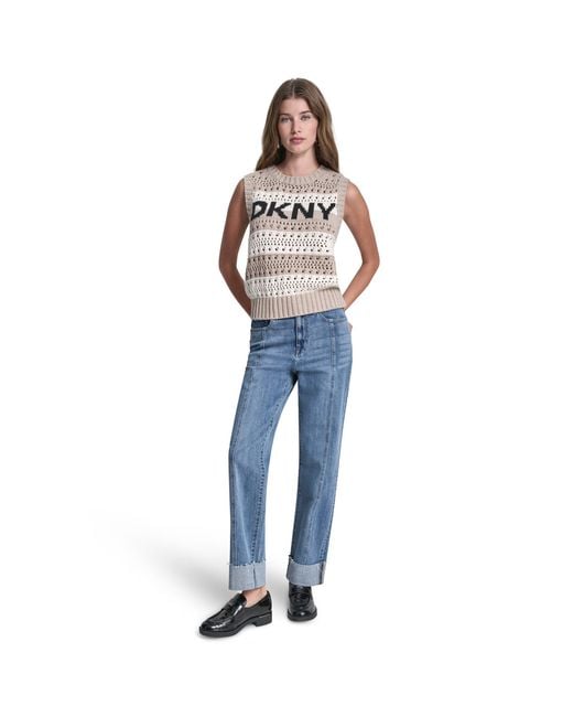 DKNY Gray Jeans Striped Pointelle Stitch Sleeveless Sweater