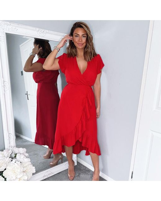 AX Paris Red Wrap Over Frill Hem Short Sleeve Midi Dress
