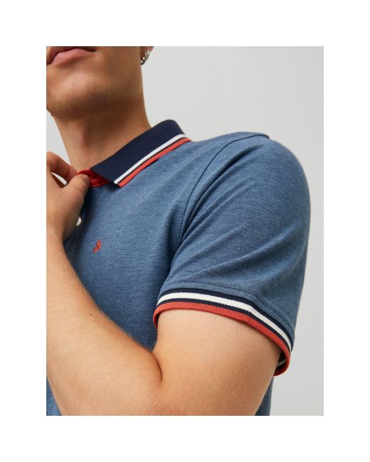 Jack & Jones Blue Paulos Tipped Pique Short Sleeve Polo Shirt for men