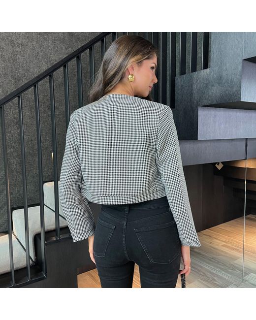 AX Paris Gray And Houndstooth Double Breasted Cropped Long Sleeve Hybrid Jacket
