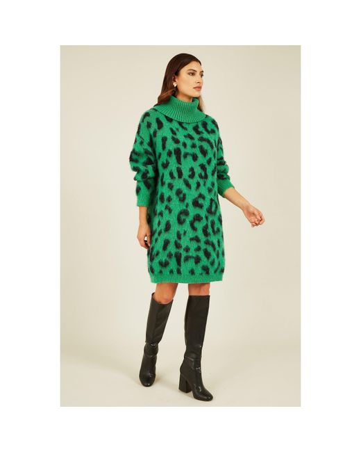 Yumi' Green Animal Roll Neck Knitted Dress