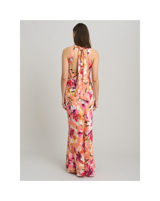 Gina Bacconi White Margo Satin Floral Print Tie Neck Dress