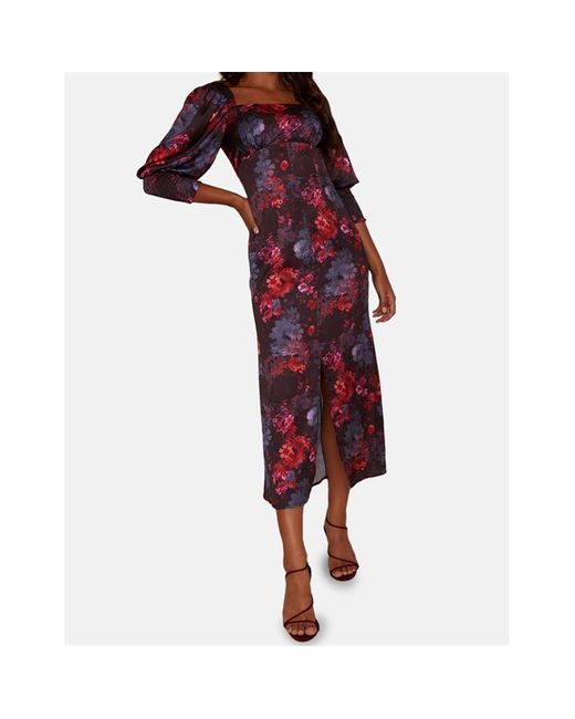 Chi Chi London Red Long Sleeve Square Neck Floral Midi