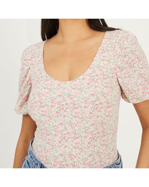 Brave Soul Pink Ditsy Floral Puff Sleeve Bodysuit