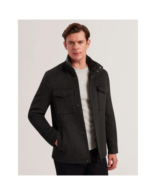 Ted Baker Black Funnel Neck Overcoat for men