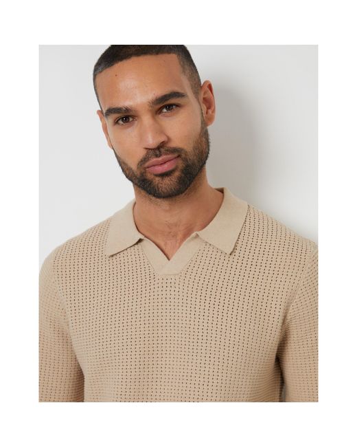 Threadbare Natural Brockholes Long Sleeve Knitted Polo Shirt for men