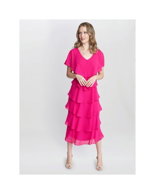 Gina Bacconi Pink Rebecca Midi Tiered Cocktail Dress