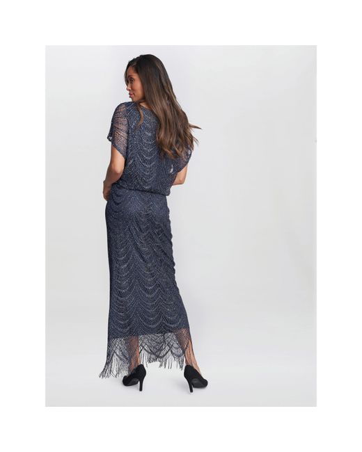Gina Bacconi Blue Arleen Long Blouson Fringe Hem Dress